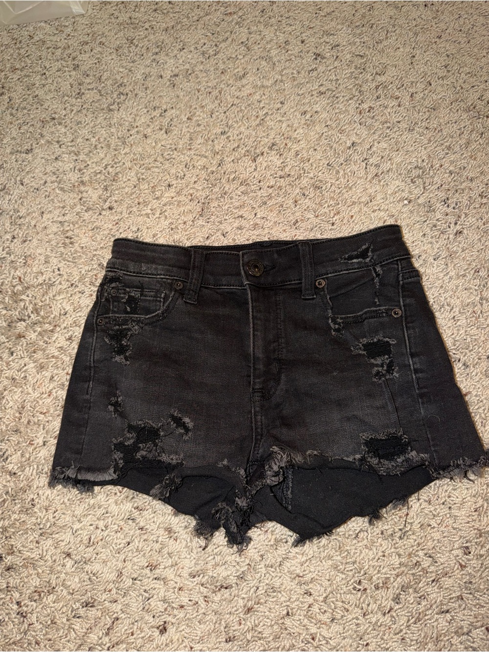 High-Rise Distressed Black Denim Shorts